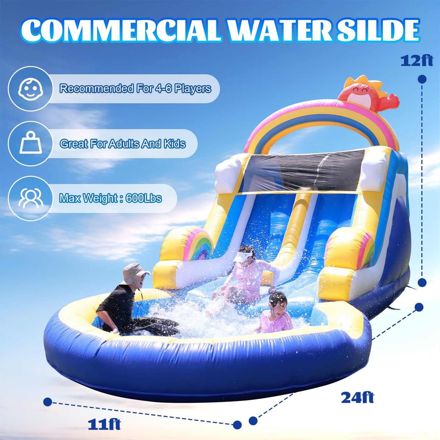 Commercial Water Slide for Adults (Double Slides&Big Splash Water Pool),100% PVC 24ft(L) Adult Inflatable Water Slide with Blower Great for Outdoor Summer Fun,Backyard Party-24x11x12ft