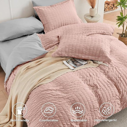 HYMOKEGE Comforter Set - Luxury 7-Piece Bed in a Bag | Rose Gold & Light Grey, All-Season Bedding