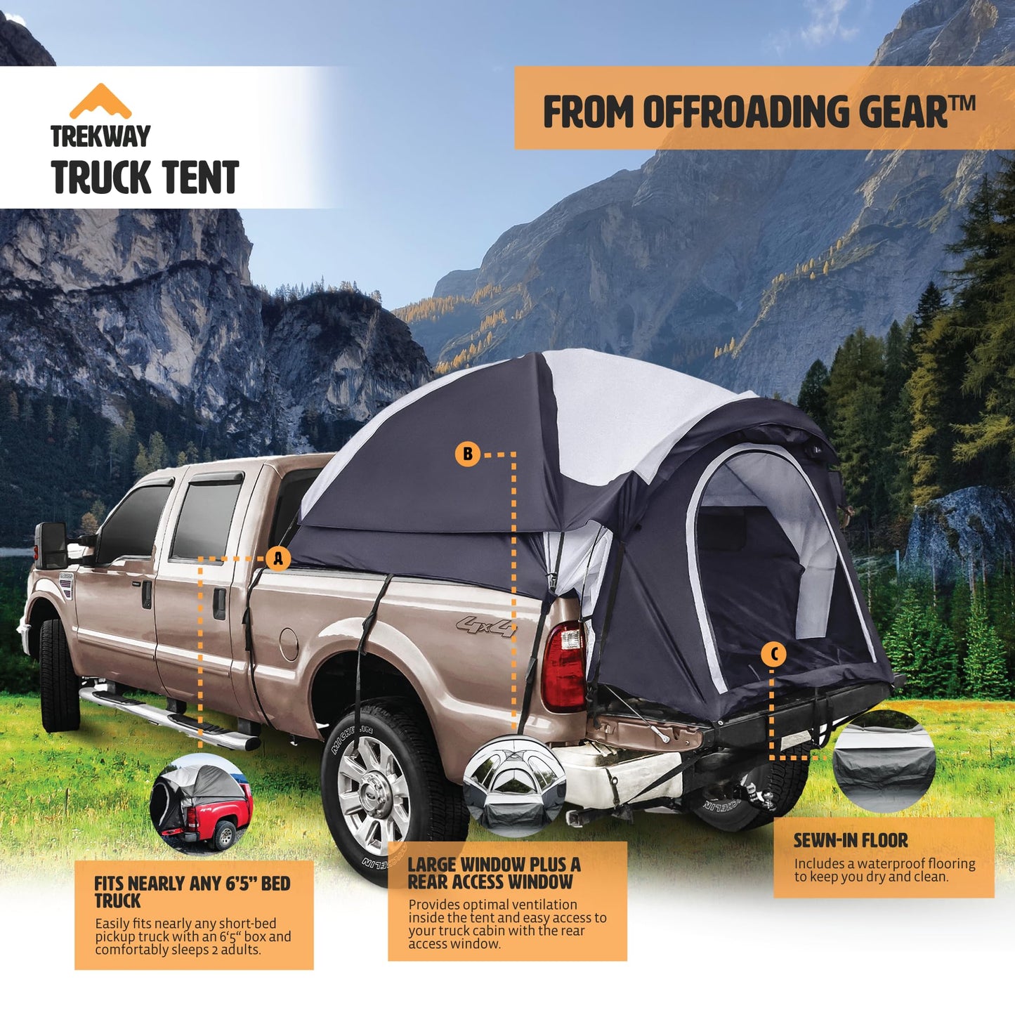 Offroading Gear 6.5ft Truck Bed | Tailgate Camping Tent | Waterproof | Compatible with F150| Ram| Sierra| GMC| Nissan| Etc.