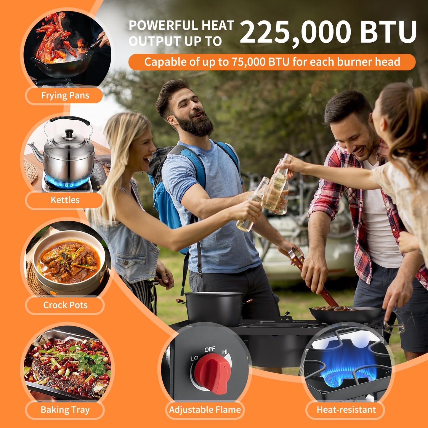 ADREAK High Pressure Propane Burner, 3 Burner Camping Stove with Detachable Legs, 225,000 BTU Propane Gas Stove Burner with 0-20 PSI Regulator for Camping, Tailgating, Backyard, Outdoor Cooking