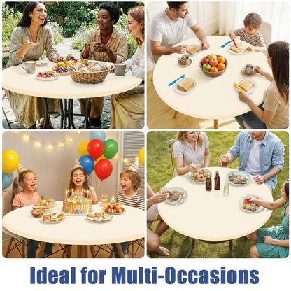 Moosfor Round Spandex Tablecloth, Elastic Fitted Waterproof Tablecloths for 45"-56" Tables, Stretch Washable Picnic Table Cover for Camping, Dining, Indoor and Outdoor, Beige