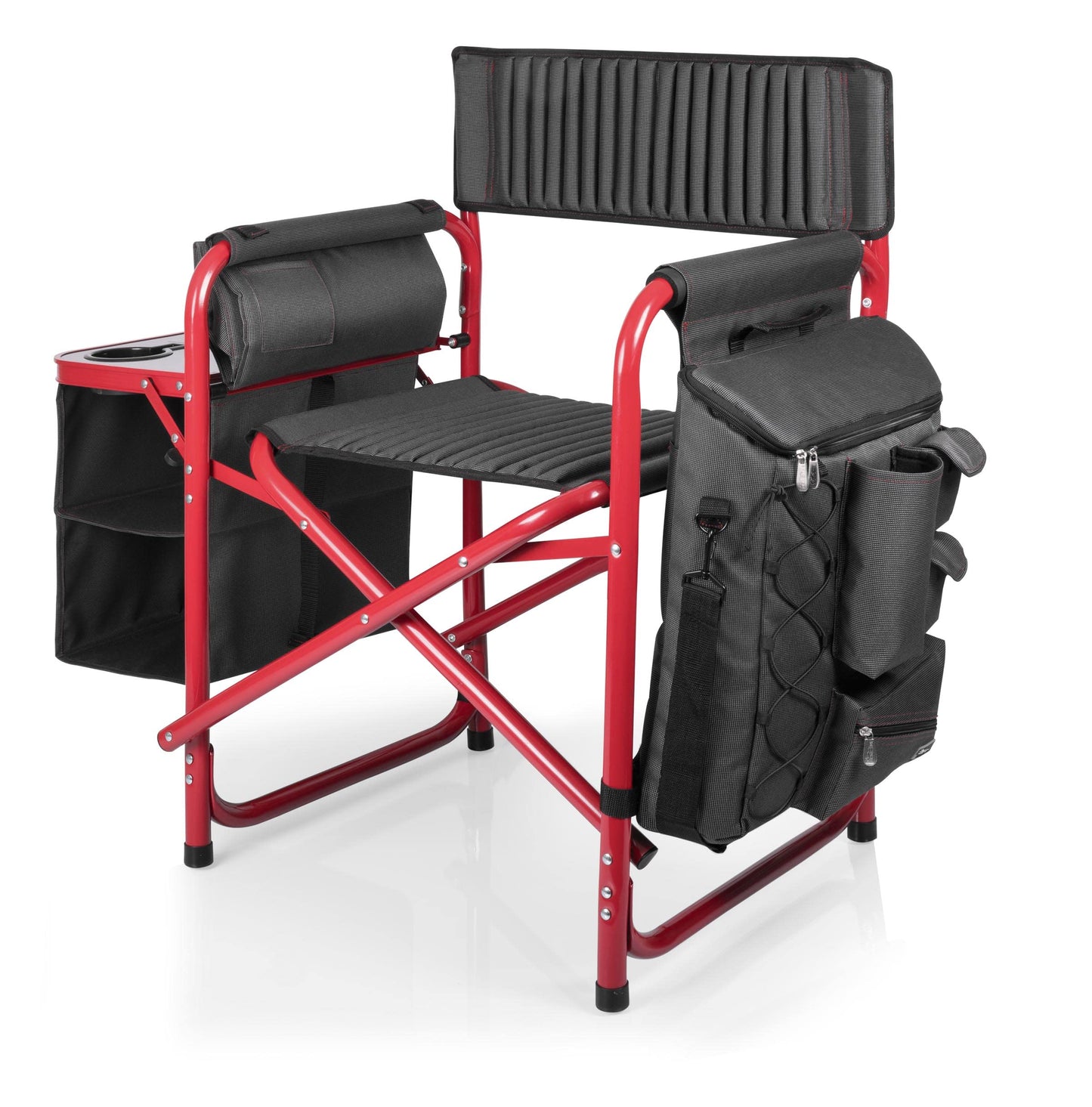 PICNIC TIME Fusion Camping Chair with Side Table and Soft Cooler, Outdoor Foldable Padded Camping Chairs with Cup Holder for Lawn, Beach, & Sports Use for Adults, (Dark Gray Red Accents)