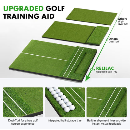 RELILAC 5x4ft Golf Mat with Ball Tray, 26mm Thickened Golf Hitting Mats for Backyard, Driving Range, Indoor & Outdoor Practice, Turf Matt with 3 Tees for Chipping Swing Driving Training