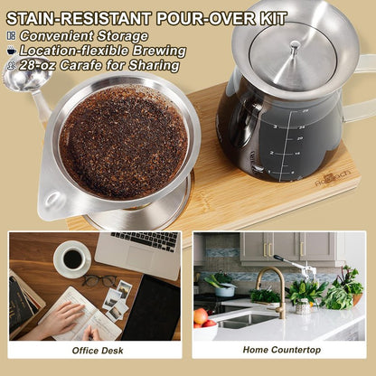 Aquach Pour Over Coffee Maker Set with Extra Large Coffee Dripper, 28 oz Glass Carafe, Stainlesss Steel Coffee Scoop and Bamboo Storage Tray, Unique Set for Home or Office
