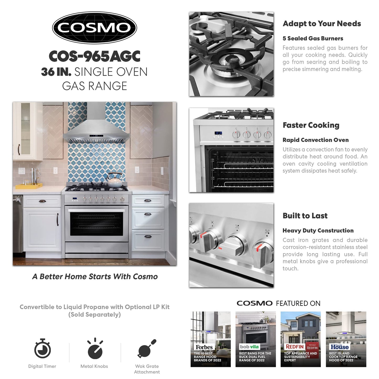 COSMO COS-965AGC 36 in. Gas Range with 5 Burner Cooktop, 3.8 cu. ft. Capacity Rapid Convection Oven with 5 Functions, Heavy Duty Cast Iron Grates in Stainless Steel, 36 inches