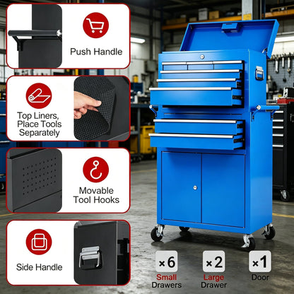 GarveeTech 24 Inch 8 Drawer Lockable Rolling Tool Chest, 2 in 1 Detachable Metal Tool Box Cabinet with Wheels, Heavy Duty Secure Storage Organizer with Portable Top Chest for Garage Workshop, Blue