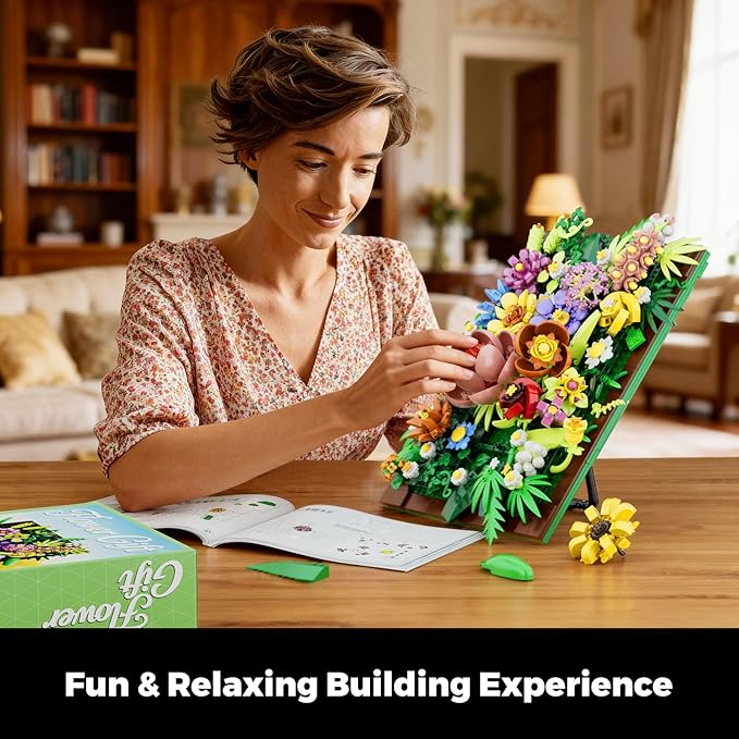Pretty Spring Flower Sea Bouquet Building Set for Adults - Botanicals Building Kit Gifts for Valentine's Mother's Day Easter - Artificial Flowers for Decor or Table Display (1067 Pcs)