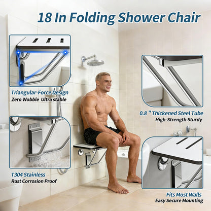 18" Foldable Wall Mounted Fold Down Shower Seat, ADA Compliant Folding Shower Bench with Phenolic Resin Surface No Peeling No Cracking, Triangular Stainless Steel Frame, 420lbs Capacit