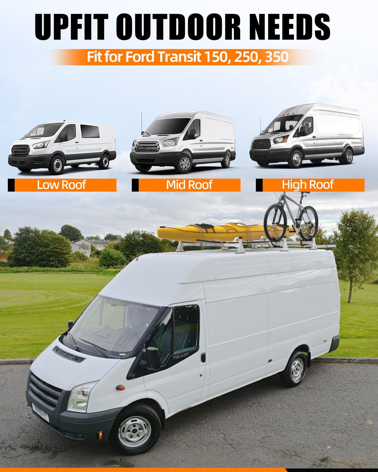 MELIPRON Cargo Van Roof Ladder Rack with Longer Rear Roller Fit for 2015-2026 Ford Transit 150 250 350, Low/Medium/High Roof, No Brake Light Block, 800 lbs Capacity Steel Rack, No‑Drill