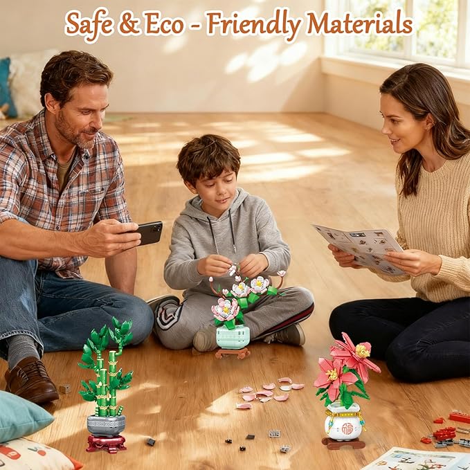 Botanicals 3 Bonsai Flowers Building Blocks Set Lucky Bamboo-Red Poinsettia-Pink Orchid Artificial Flower Bouquet Building Bricks Toy Plants Decor Ideal Valentine's Day Gift for Lover (1576PCS)