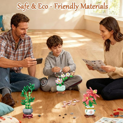 Botanicals 3 Bonsai Flowers Building Blocks Set Lucky Bamboo-Red Poinsettia-Pink Orchid Artificial Flower Bouquet Building Bricks Toy Plants Decor Ideal Valentine's Day Gift for Lover (1576PCS)