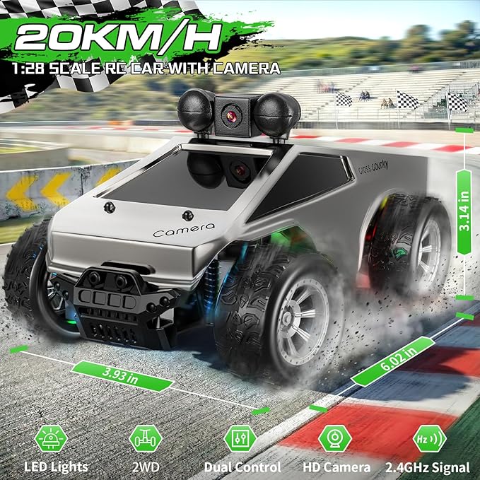 RC Cars with Camera Remote Control Truck with 720P HD FPV Camera All-Terrain Remote Control Car with Led Light Rechargeable Battery 1:28 RC Car Vehicle Toy Gifts for Kids Boys Girls