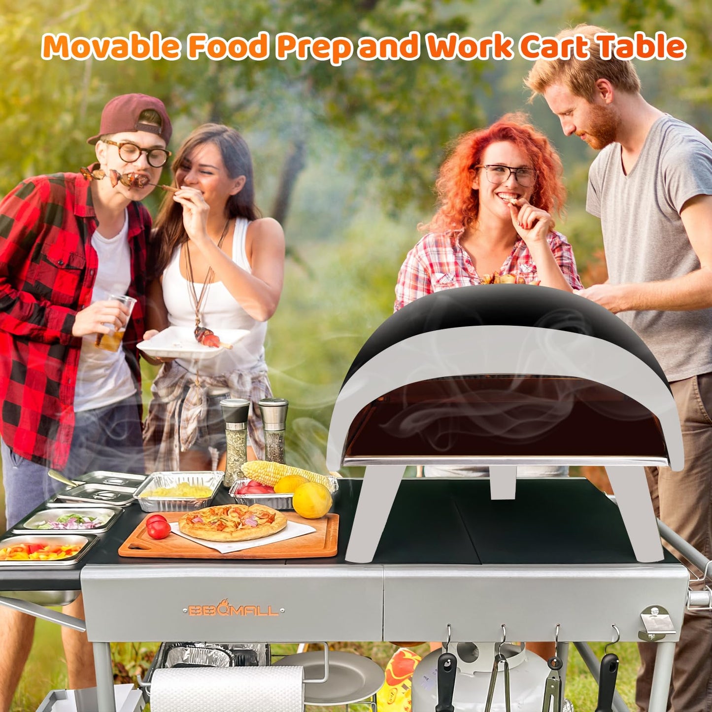 Pizza Oven Table Grill Cart with Topping Station, Grill Table Stand with Wheels for Ninja, Blackstone Griddle, Ooni, Gozney, Cuisinart, Heavy Duty BBQ Prep Cart with Storage Shelf and Hooks