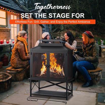 VELUVIA Metal Outdoor Fireplace for Patio - 39" H Square Chiminea Fire Pits Outside Wood Burning with Grill, Mesh Spark Screen & Fire Poker, for Garden, Backyard, Party, Camping, Picnic, BBQ, Bonfire