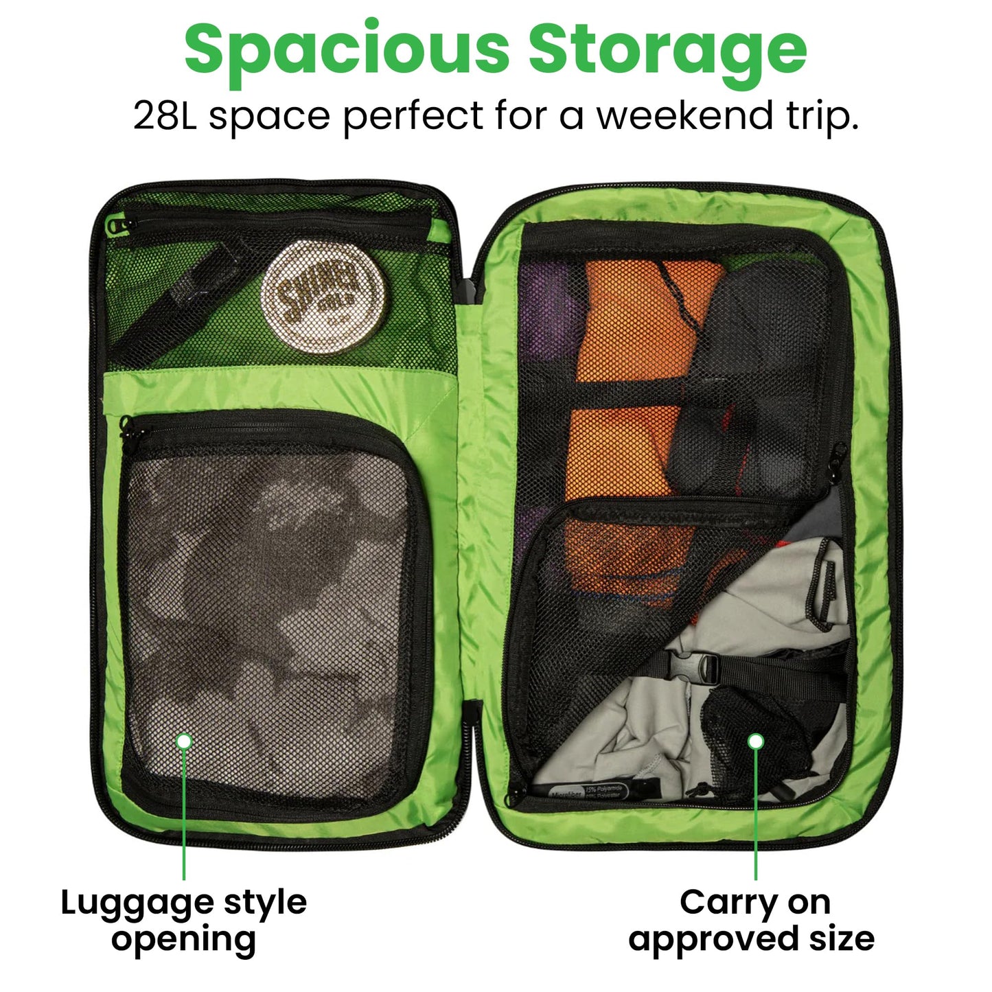 COR Surf Carry On Travel Backpack Bundle | Island Hopper Travel Backpack with Toiletry Bag and Compression Packing Cube Set (34L 2.0, Black with Green Zipper)