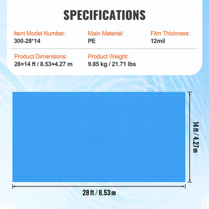 VEVOR Solar Pool Cover, 28 x 14 ft Rectangle Solar Cover 12 mil for Pools, Inground Above Ground Swimming Pool Solar Blanket with Bubble, Heat Retaining Solar Covers Blue