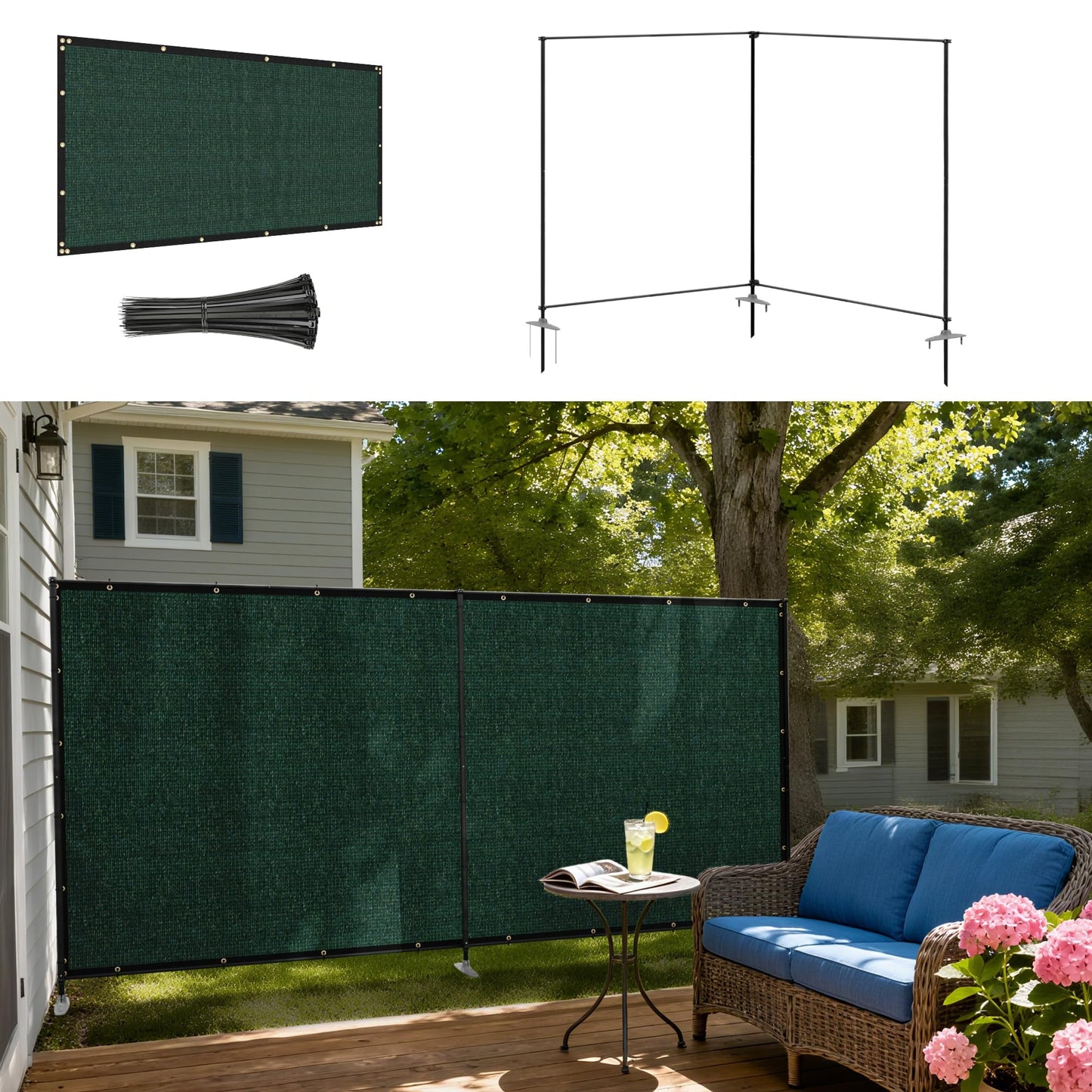 Windscreen4less Outdoor Privacy Fence Screen, 6'x12' Freestanding Privacy Fencing Set with Iron Poles and Ground Spikes, UV Resistant Mesh Cover Garden Pet Fencing for Backyard Patio Pool, Green