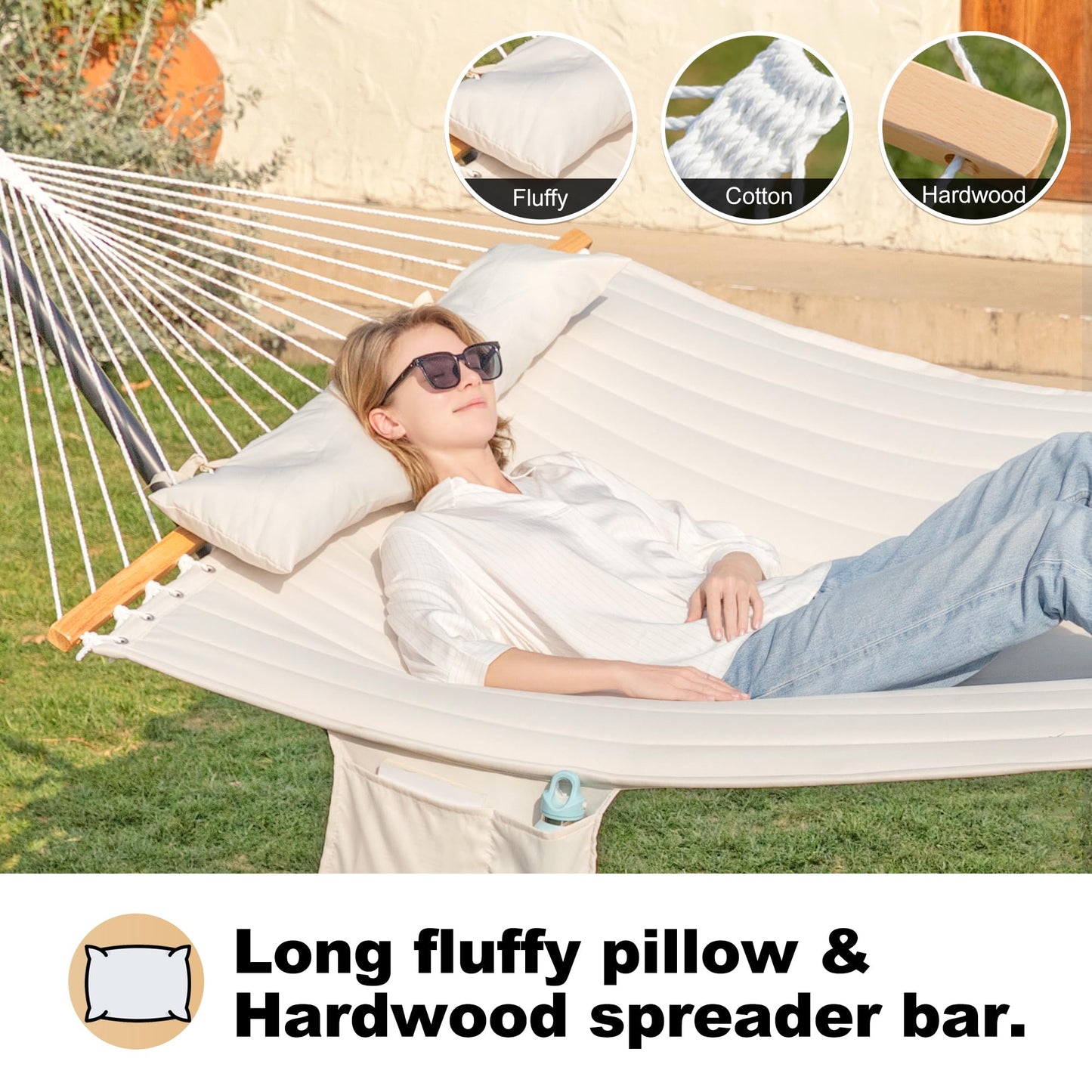 GAFETE 2 Person Hammock with Stand for Outside, Heavy Duty Steel Stand, Double 55inch Hammocks, Large Removable Pillow, Storage Bags, Max 475 lbs Capacity (Beige)