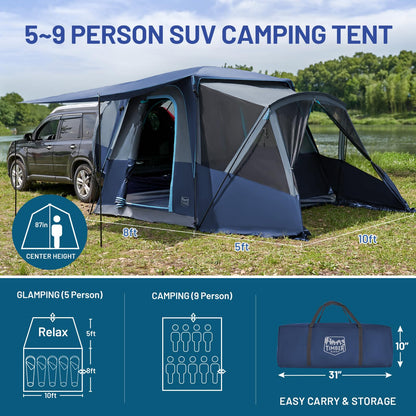TIMBER RIDGE 5-9 Person SUV Tent with Screen Porch and Awning for Family Camping, Weather Resistant and Portable Van or Car Tent, Includes Rainfly and Storage Bag, 13' W X 10' L X 7.1' H, Blue