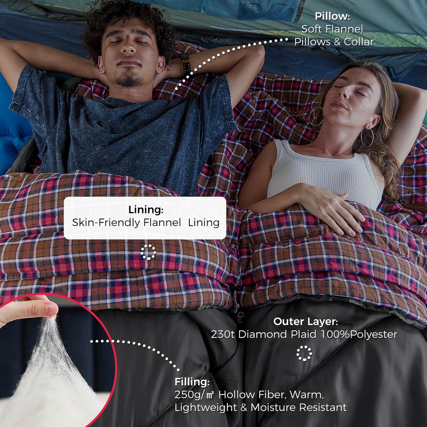 KingCamp Double Sleeping Bag for Adults, Queen Size 2 Person XXL Flannel Sleeping Bag, Lightweight Waterproof with 2 Pillows & Compression Sack for Couples & Family Camping Hiking, Grey
