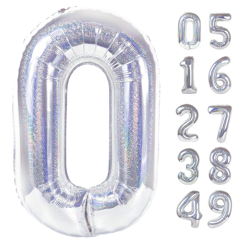 Laser Silver Number Balloon 40 Inch, 0 Number Balloons, 10 20 30 40 50 Numbers Balloon Birthday Decorations, Party Supplies for Women