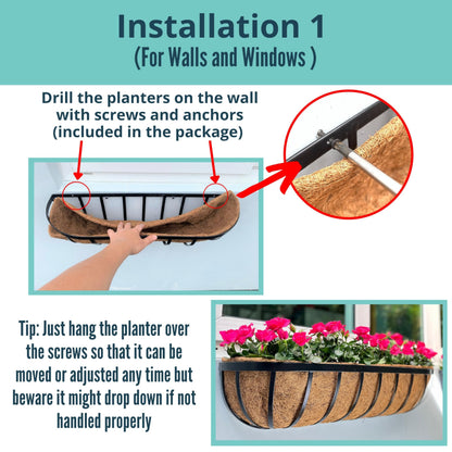 LaLaGreen Fence Planters for Outdoor Plants (24 Inch, 4 Pack) Black Metal Window Boxes Planter To Attach To House, Wall Mounted Flower Coco Baskets Outside Deck Railing Balcony Garden Porch Patio Rail