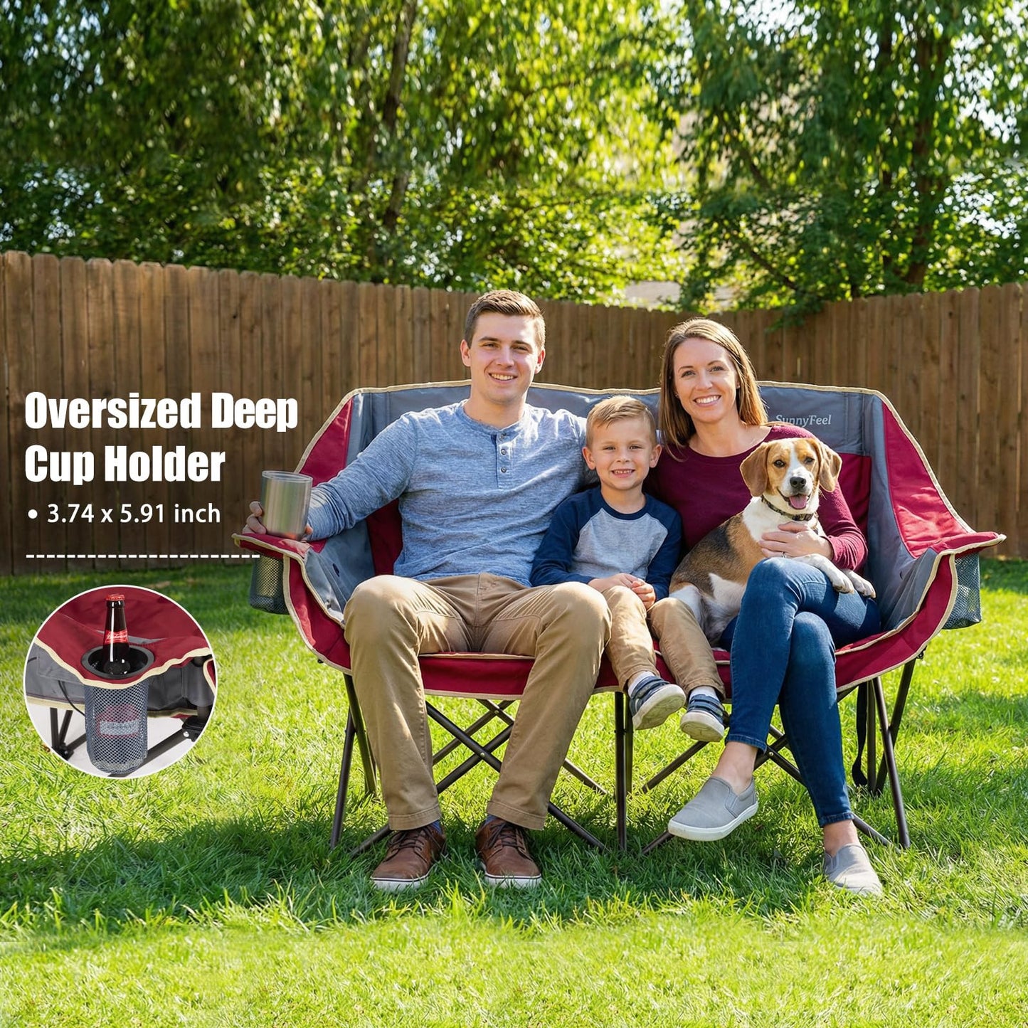 SUNNYFEEL Heated Double Camping Chairs Padded Loveseat Chair for 2 Person Heavy Duty Oversized Camping Couch 600lbs for Adults Portable Outdoor Lawn Chair with Cup Holder for Outdoor Patio RV Camping