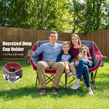 SUNNYFEEL Heated Double Camping Chairs Padded Loveseat Chair for 2 Person Heavy Duty Oversized Camping Couch 600lbs for Adults Portable Outdoor Lawn Chair with Cup Holder for Outdoor Patio RV Camping