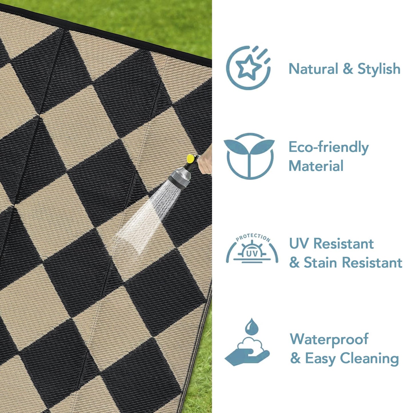 GarveeLife 10x14 Outdoor Rug for Patio Reversible, Plastic Straw Rug Waterproof Camping Rug Portable, Foldable Lightweight Mat for RV, Patio, Backyard, Deck, Picnic, Beach (Black/Offee)