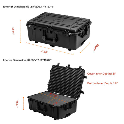 MEIJIA Portable Waterproof Protective Case,Hard Camera Case With Retractable Pull Handle And Rolling Wheels,Customizable Fit Foam Inserted,Elegant Black, 31.57"X20.47"X12.44"