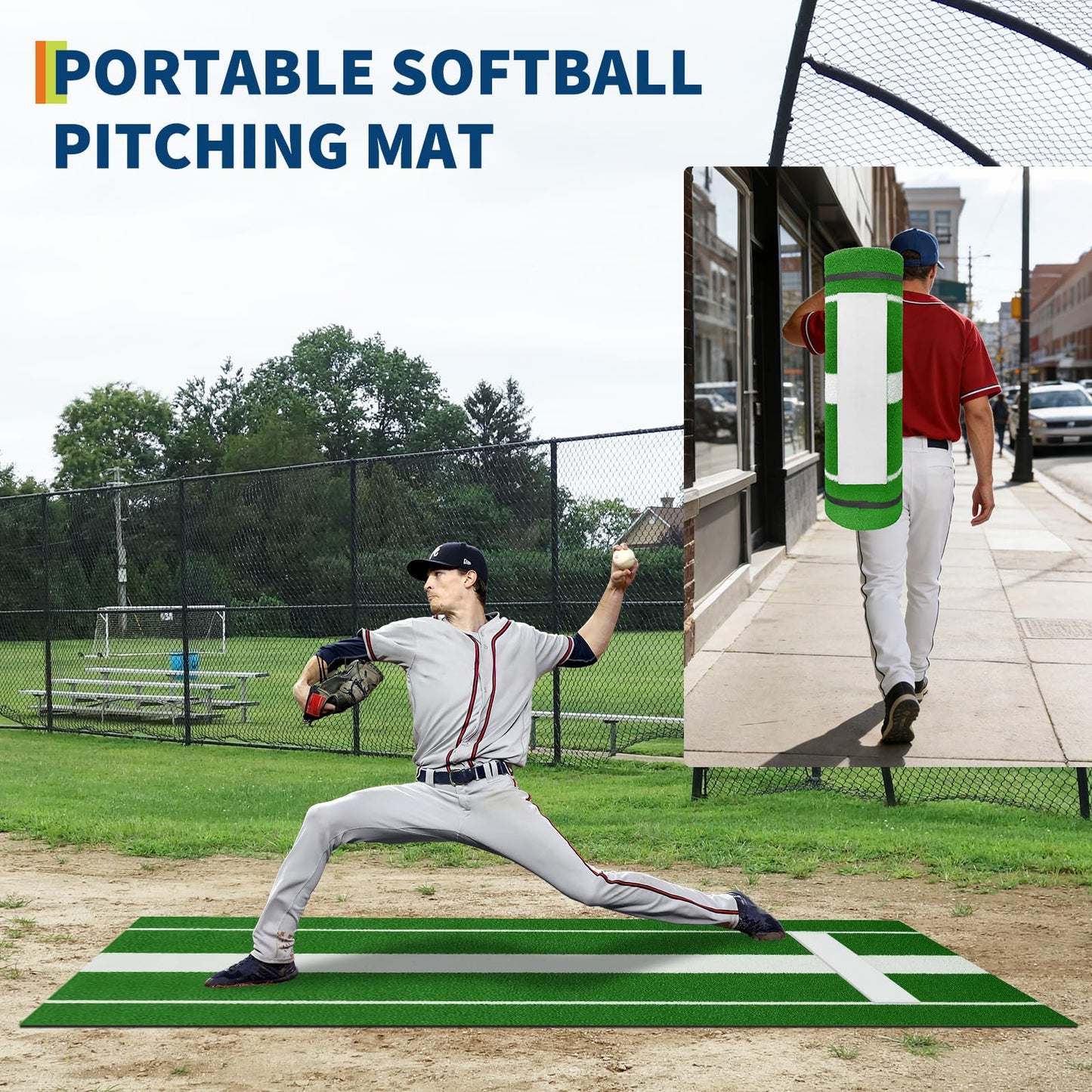 10x3 ft Professional Softball Pitching Mat with Power Line, Heavy Duty Non-Slip Rubber Base & Dense Turf, Portable Softball Pitching Mound for Indoor Outdoor Training Lane, Ideal Practice Aid, Green