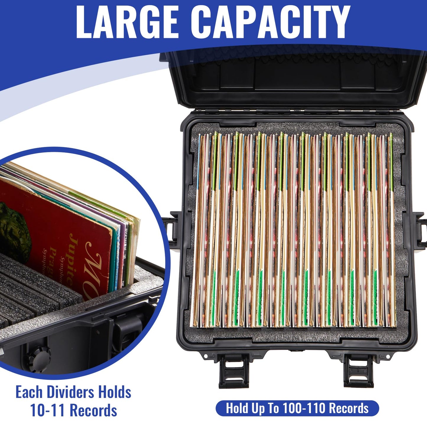 Stackable Vinyl Record Storage Case Box Holds 110 Records | High-Density Protective Foam | Hard Shell Storage Crate with Lid & Handles | Valuable LP Albums Organizer Cases Collection 7/10/12 Inch