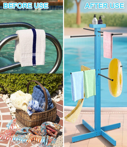 Pool Towel Rack Outdoor, 53in Wood Pool Towel Holder Stand with 4 Adjustable Bars, Outdoor Towel Rack for Pool Area Outside, Waterproof Freestanding Towel Drying Rack for Poolside, Hot Tub, Spa,Beach