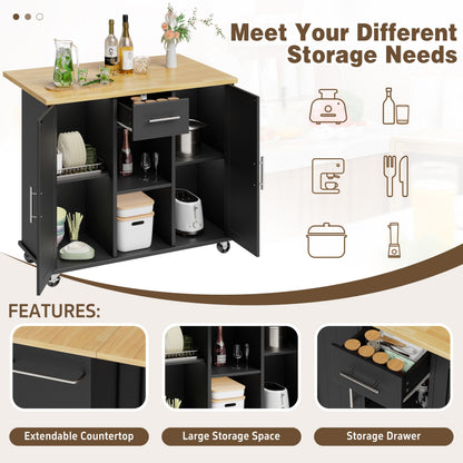 Shintenchi Kitchen Island with Storage, Bar Cart Cabinet Island Table on Wheels, Rolling Microwave Cart for Kitchen with Drop Leaf, Drawers, Towel Rack, Seating Area for Dining Room, Black