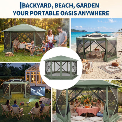 GarveeHome 13x13FT Pop Up Gazebo Screen Tent, 6-Sided Canopy with Starry Sky Top, 210D Oxford Water-Proof Instant Shelter with Mosquito Netting for Backyard Camping, Green & Gray