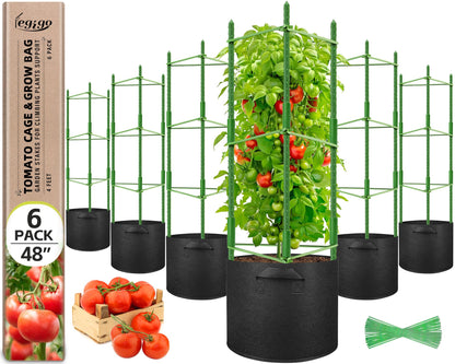 Legigo 6 Pack Tomato Cages with 10 Gallon Grow Bags- 48inch Tomato Trellis Plant Support Stakes Planter, Tomato Plant Cages Garden Trellis for Vertical Climbing Plants Vegetables Flowers Fruits