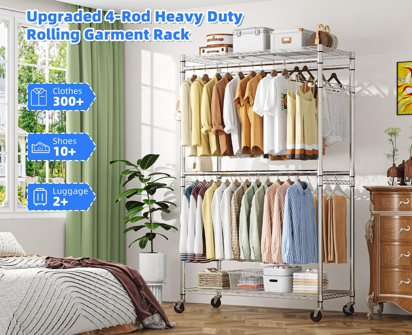 Simple Trending Heavy Duty Clothes Rack Clothing Rack with Wheels and 4 Hanging Rods, Adjustable Rolling Garment Racks, Load 560 LBS, Chrome