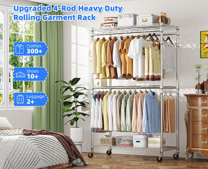 Simple Trending Heavy Duty Clothes Rack Clothing Rack with Wheels and 4 Hanging Rods, Adjustable Rolling Garment Racks, Load 560 LBS, Chrome