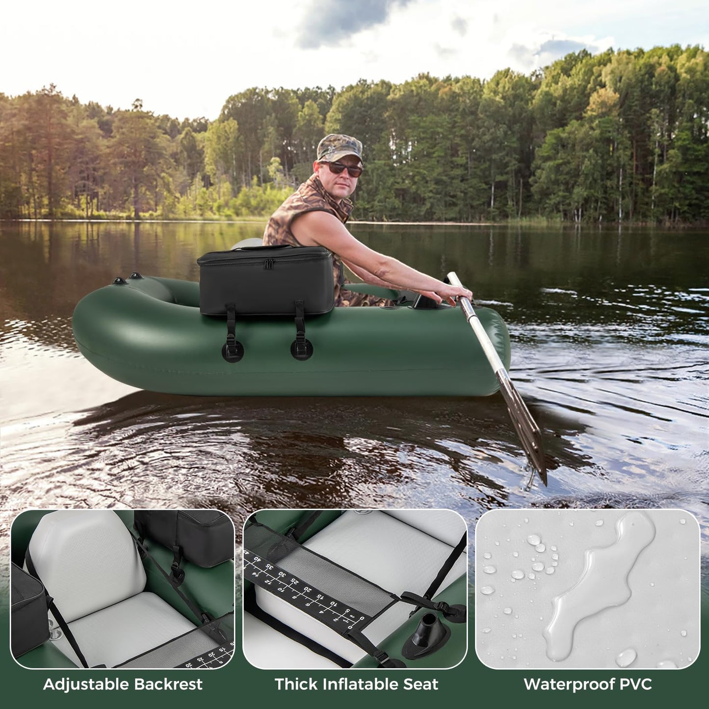 Goplus Inflatable Float Tube, Fishing Belly Boat with Fish Ruler, 2 Detachable Storage Bags, Pump, Carry Bag, PVC Fish Boat w/Reinforced Drop Stitch Core for Rivers Lakes Angling, 352LBS Load Capacity