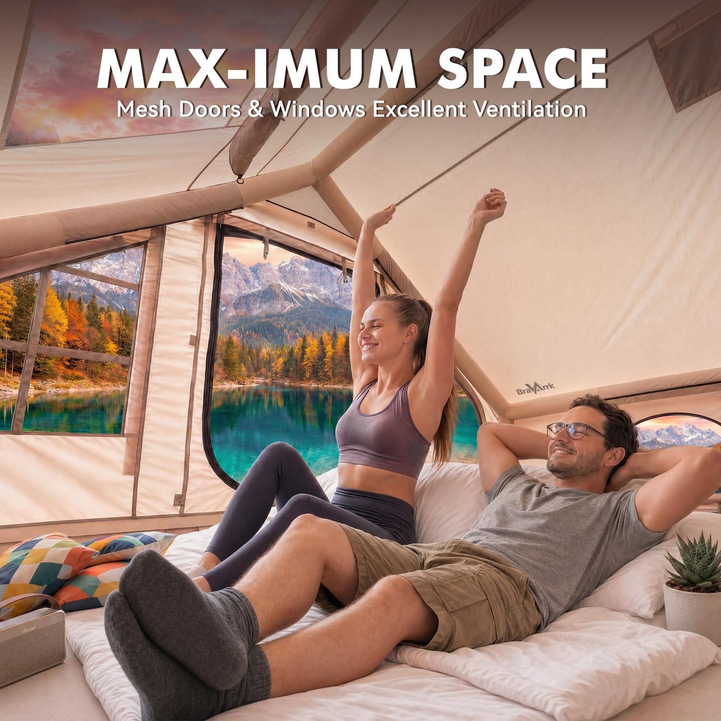 Inflatable Tent with Skylight, 4-6 Person Portable Blow Up Tent, Hot Tent with Stove Jack, Inflatable House for Camping, Quick Setup Air Tent for Family Outdoor, Hiking, Glamping, Waterproof with Pump