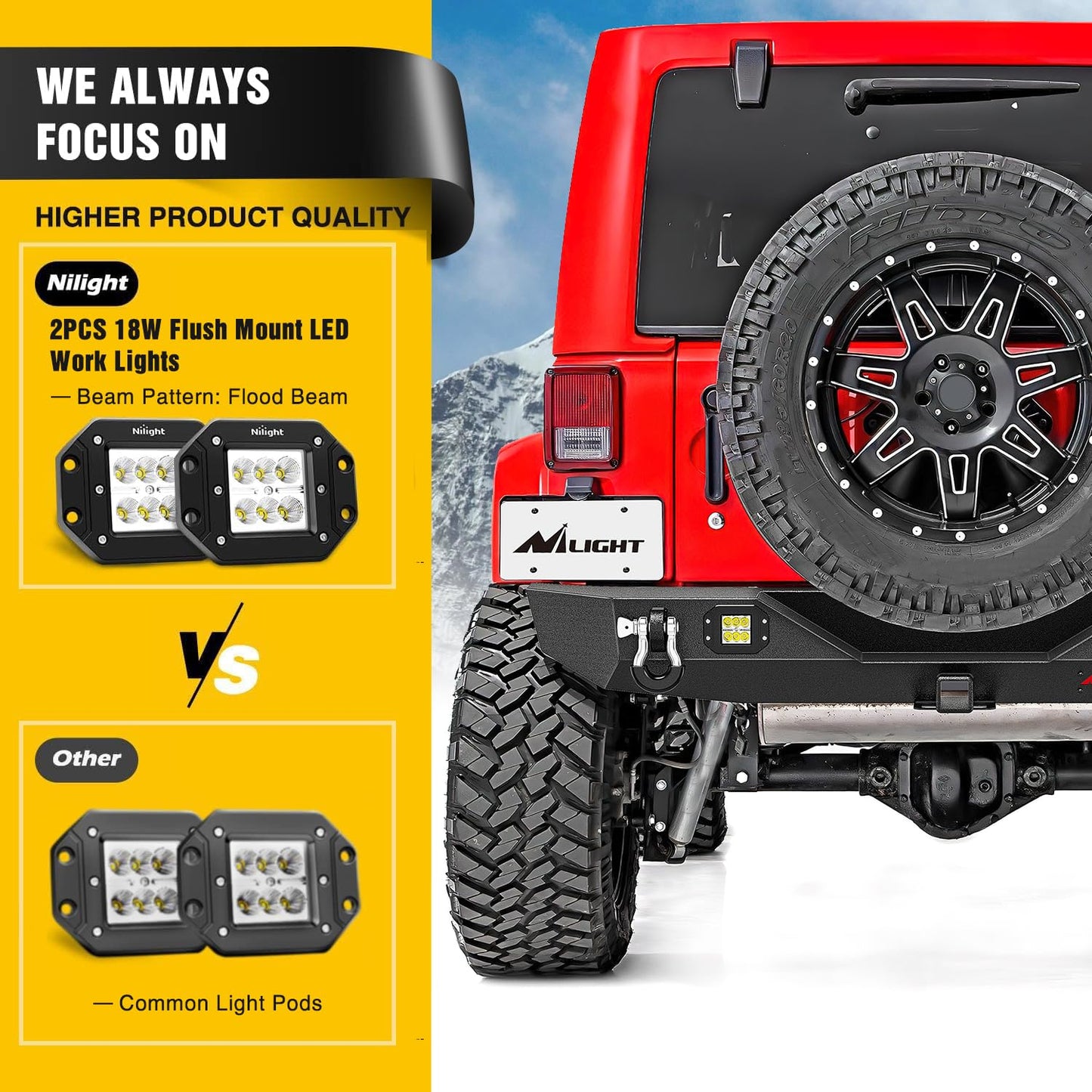 Nilight Rear Bumper with Spare Tire Carrier Compatible for 2007-2018 Wrangler JK & Unlimited (2/4 Doors) Hitch Receiver w 2 LED Lights D-rings