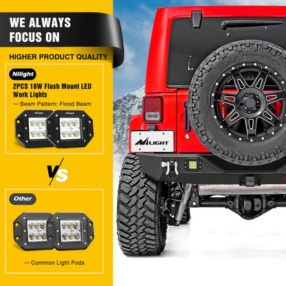 Nilight Rear Bumper with Spare Tire Carrier Compatible for 2007-2018 Wrangler JK & Unlimited (2/4 Doors) Hitch Receiver w 2 LED Lights D-rings