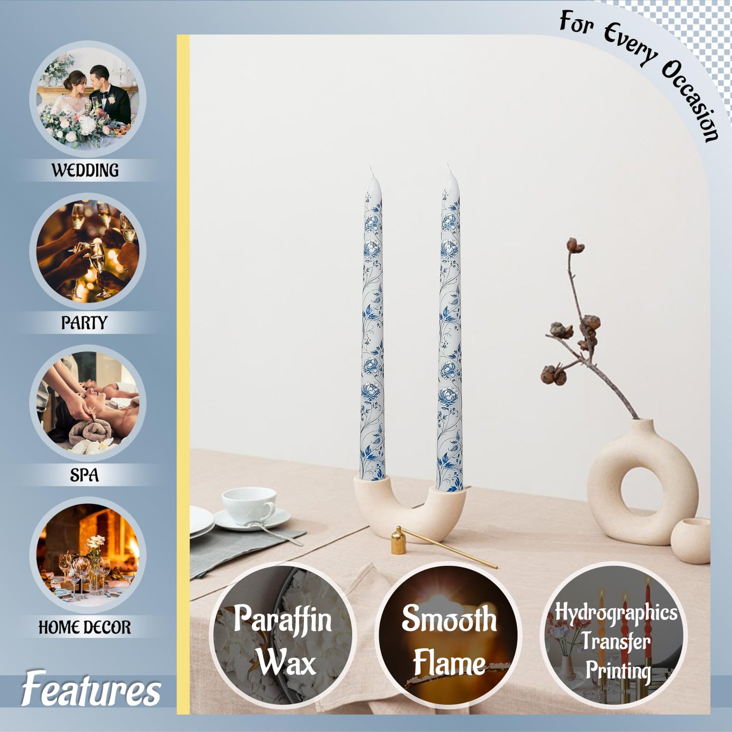 FLAMMUL Blue Floral Taper Candles Set of 2 – 10 Inch Decorative Printed Candlesticks, Smokeless Handmade Tapered Candles for Wedding Table Centerpiece, Dinner, Holiday Home Decor