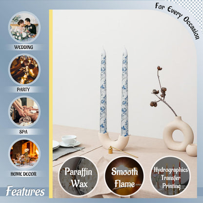 FLAMMUL Blue Floral Taper Candles Set of 2 – 10 Inch Decorative Printed Candlesticks, Smokeless Handmade Tapered Candles for Wedding Table Centerpiece, Dinner, Holiday Home Decor
