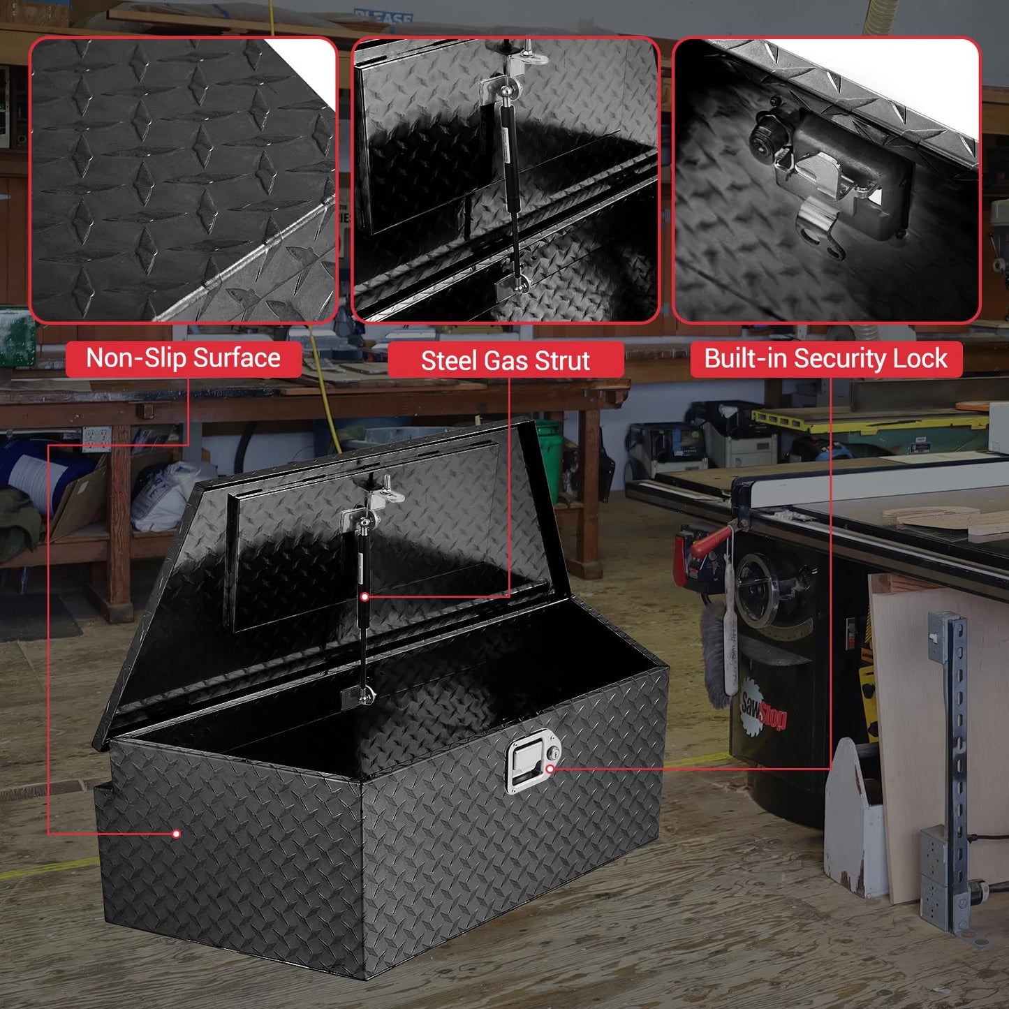 ExploreHorizon 39 Inch Aluminum Trailer Tongue Tool Box, Heavy Duty Utility Storage Box with Lock and Keys, Diamond Plate Waterproof Trailer Box Organizer for Pick Up Truck Beds - Black