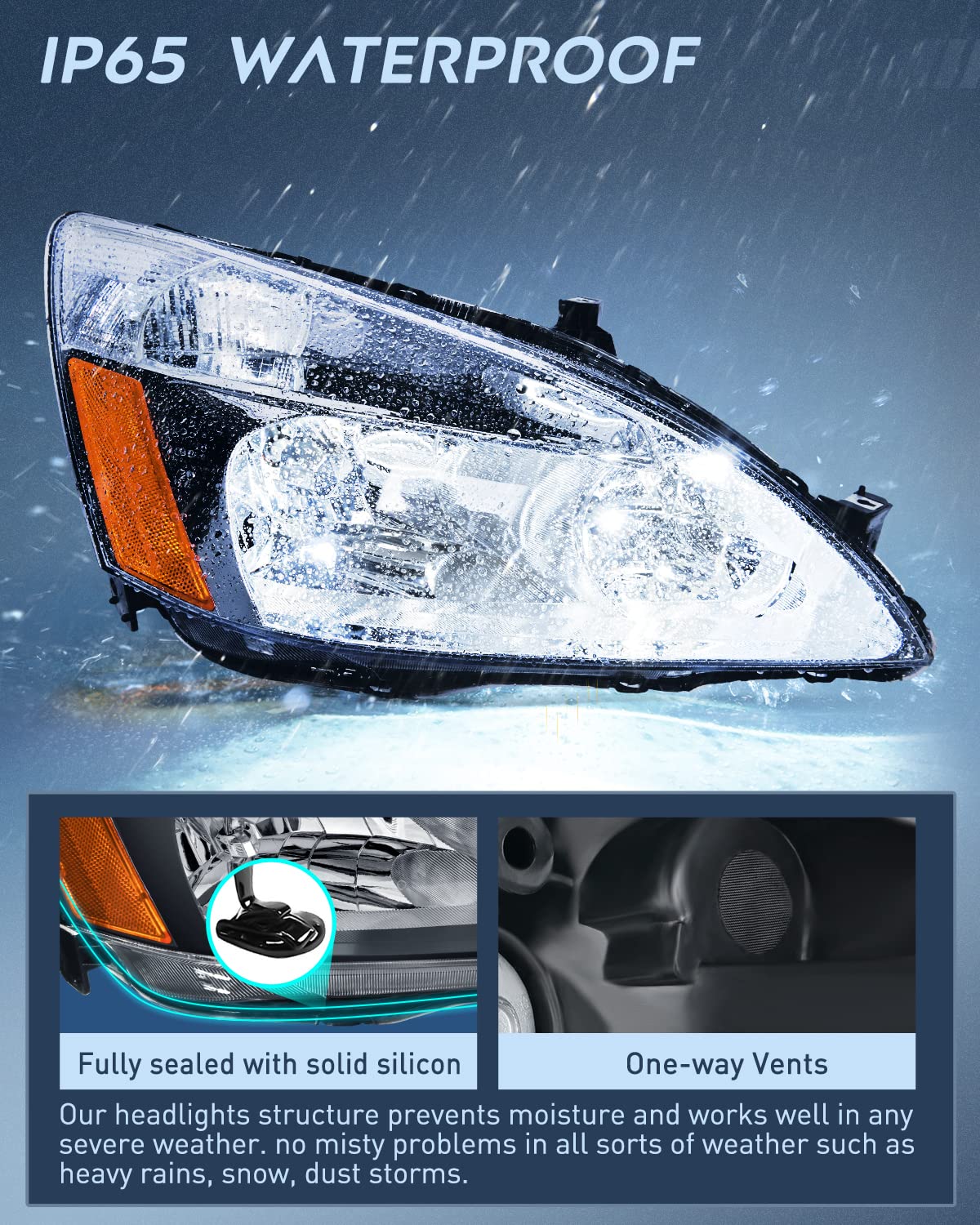 Nilight Headlight Assembly for 2003 2004 2005 2006 2007 Accord Replacement Headlamp Black Housing Amber Reflector