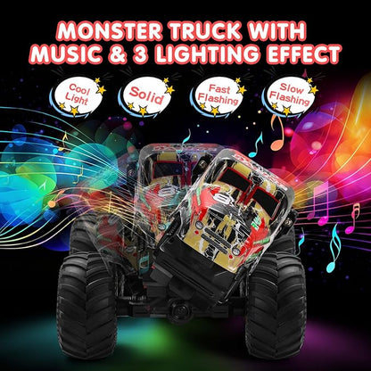 DYODYORC Remote Control Car 2.4Ghz All Terrain Monster Truck Toys RC Truck with Music 3 Lighting Effects 360 Stunt Capable 2 Batteries Ready to Run Toy Gifts for Boys and Girls (Red)