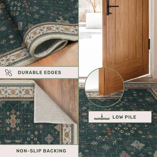 Dark Green Kitchen Rug - Modern Vintage Boho Floral Design | Washable Non-Slip 2x5 Runner for Entryway