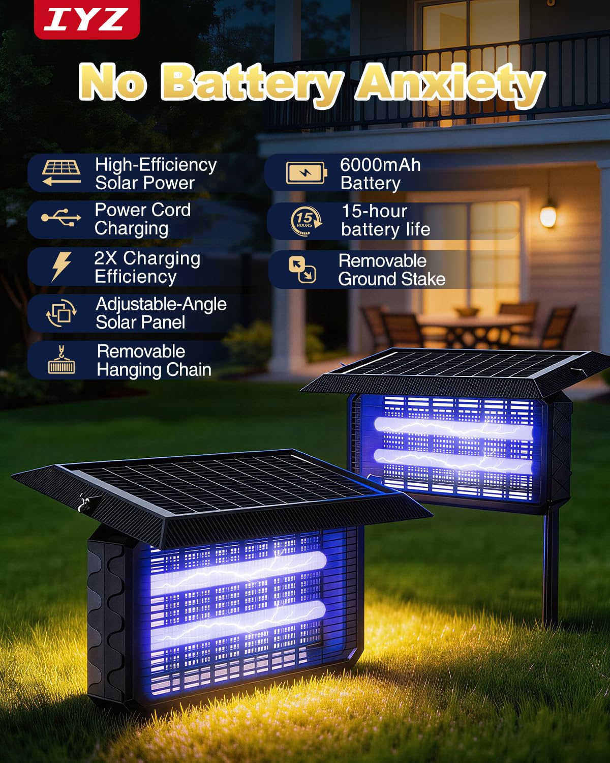 IYZ Solar Bug Zapper Outdoor, Waterproof Mosquito Zapper with Panel Sensor, Rechargeable Electric Bug Zapper Indoor Fly Trap, Camping Essentials for Patio Backyard Garden