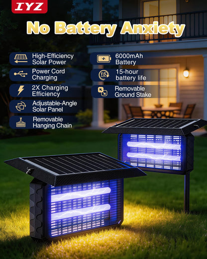 IYZ Solar Bug Zapper Outdoor, Waterproof Mosquito Zapper with Panel Sensor, Rechargeable Electric Bug Zapper Indoor Fly Trap, Camping Essentials for Patio Backyard Garden